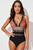 Poshoot  Printed Mesh Plunge One-Piece Swimsuit