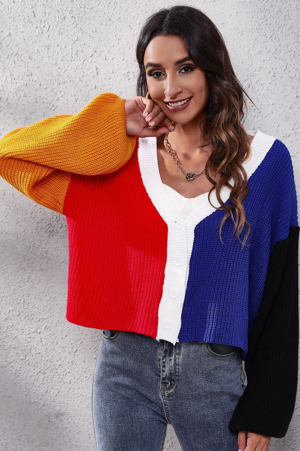 POSHOOT AUTUMN OUTFITS     Color Block Ribbed Long Sleeve Cardigan