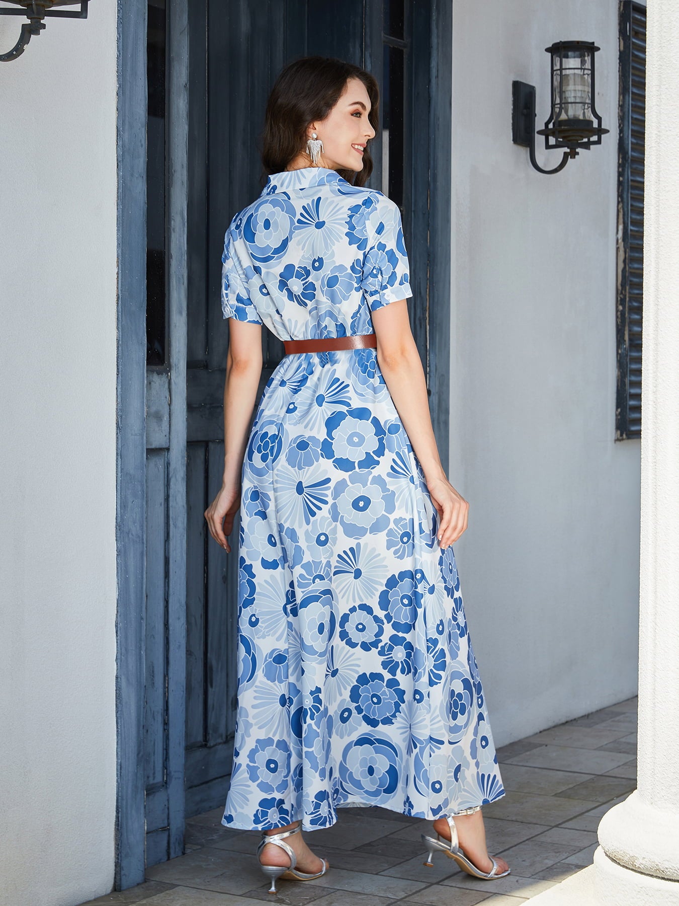 Poshoot   Floral Print Lapel Collar Short Sleeve Maxi Dress