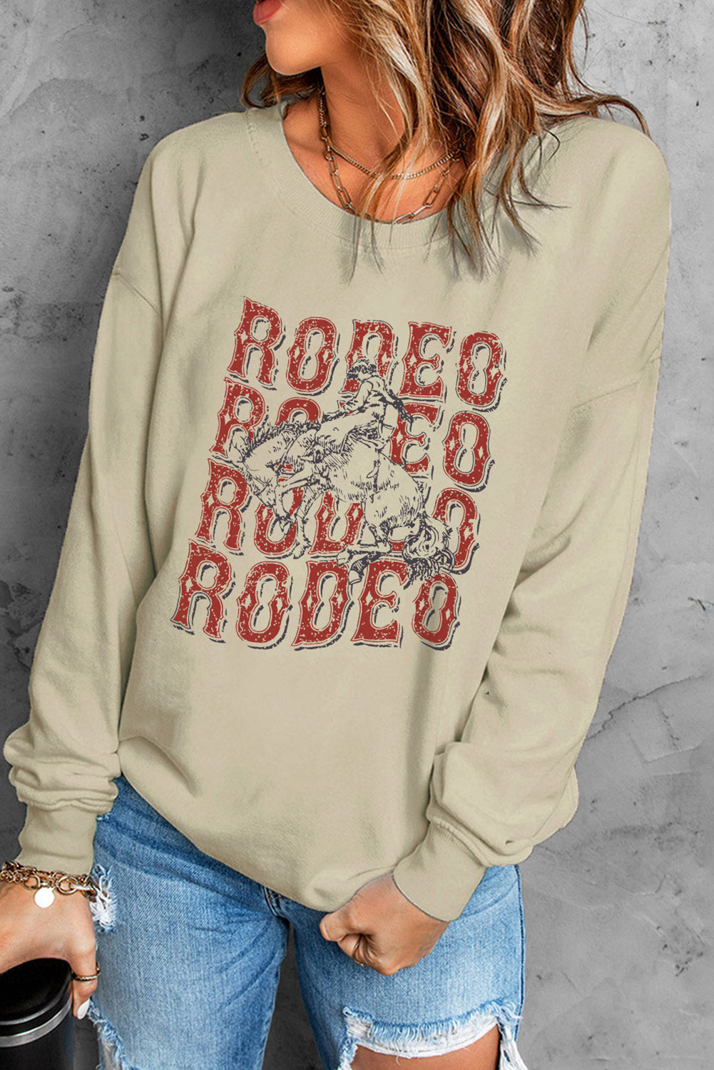 POSHOOT  fall outfits    Round Neck Dropped Shoulder RODEO Graphic Sweatshirt