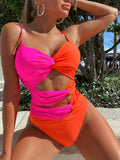 Poshoot  Two-Tone Twisted Cutout One-Piece Swimsuit