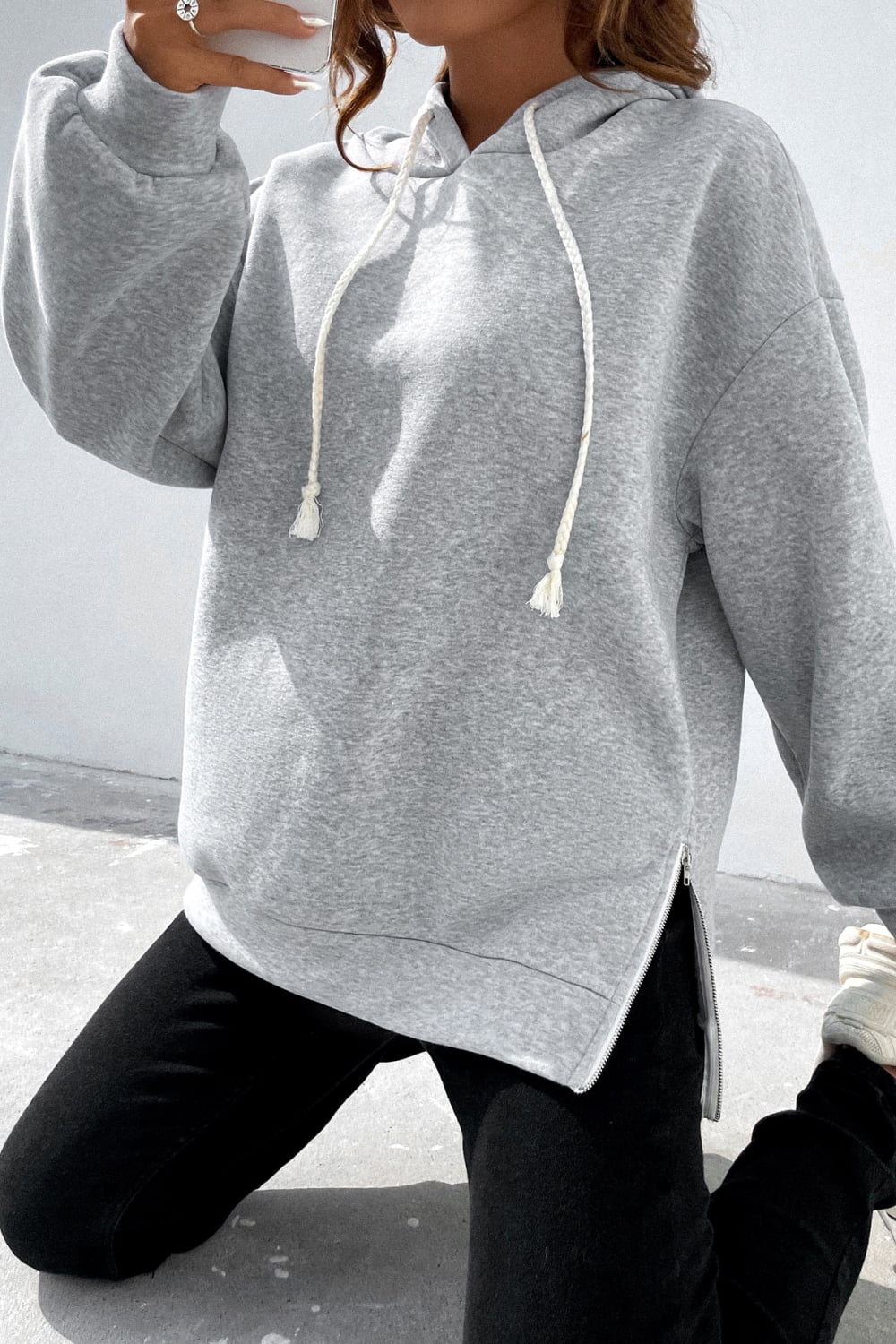POSHOOT  AUTUMN OUTFITS     Side Zipper Dropped Shoulder Hoodie