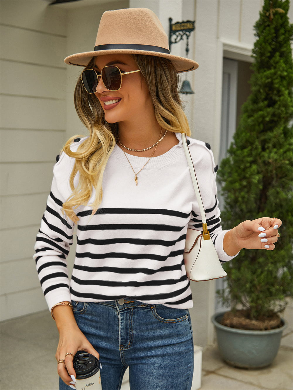 POSHOOT  AUTUMN OUTFITS    Round Neck Shoulder Button Striped Pullover Sweater