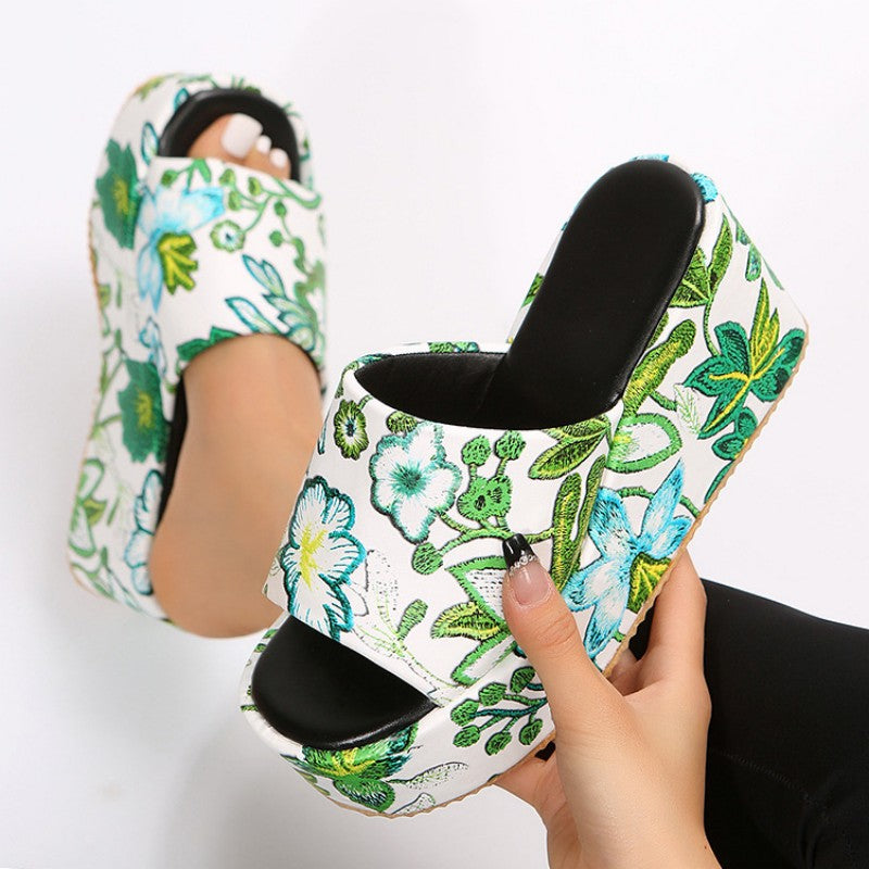 Poshoot - White Patchwork Printing Round Out Door Wedges Shoes (Heel Height 2.36in)