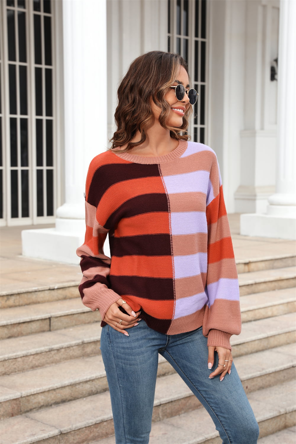 POSHOOT  AUTUMN OUTFITS    Round Neck Long Sleeve Color Block Dropped Shoulder Pullover Sweater