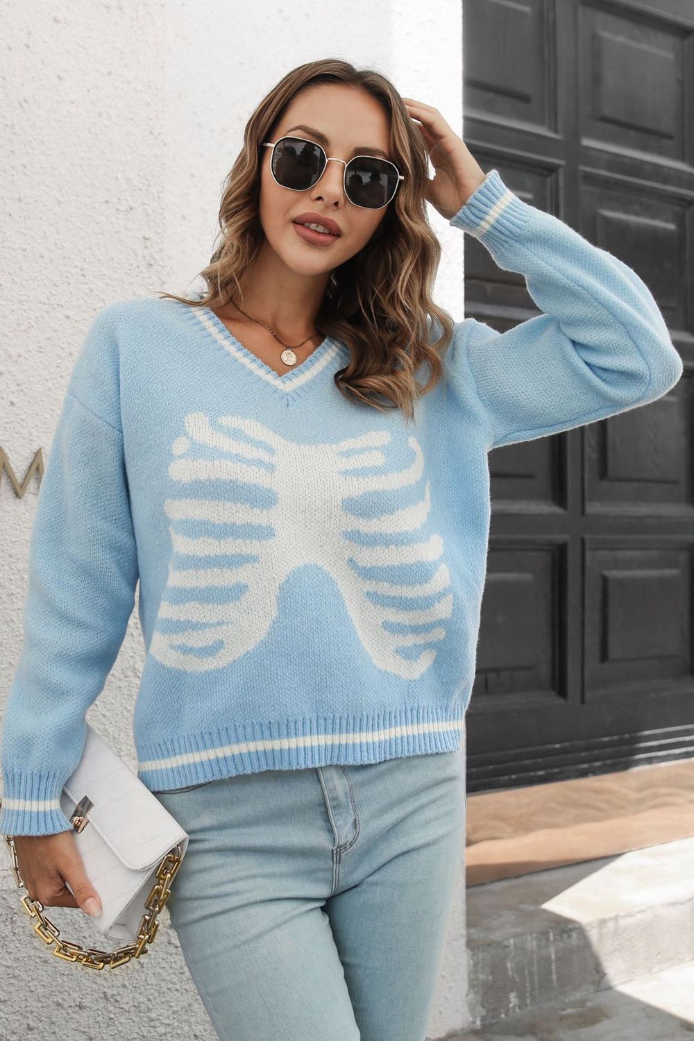 Back to school  Skeleton Pattern V-Neck Long Sleeve Pullover Sweater