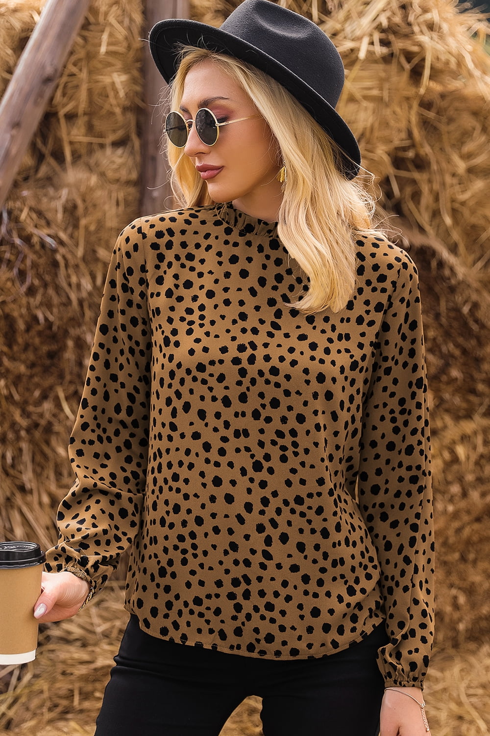 POSHOOT AUTUMN OUTFITS     Printed Round Neck Long Sleeve Blouse