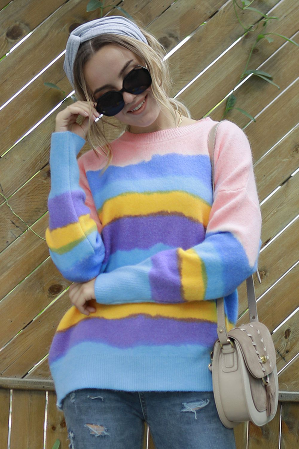 POSHOOT AUTUMN OUTFITS     Multicolor Round Neck Dropped Shoulder Sweater