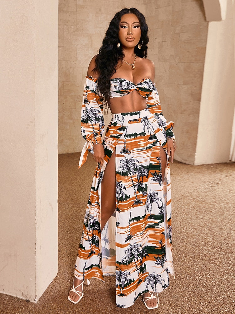 POSHOOT  White Palm Leaf 2 Piece Suits Women Long Sleeve Backless Tube Top And High Split Maxi Dress Holiday Summer Beach Dress