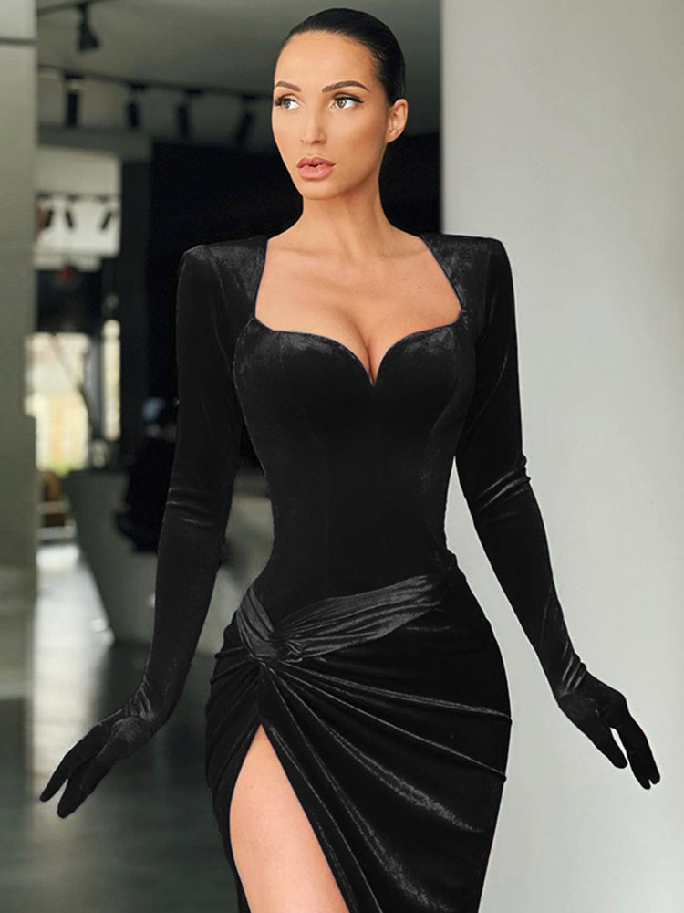 POSHOOT Beyouare 2022 Autumn Evening Gala Dresses Women Elegant Folds High Slit Floor Length Dress Square Collar Long Sleeve With Gloves