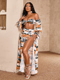 POSHOOT  White Palm Leaf 2 Piece Suits Women Long Sleeve Backless Tube Top And High Split Maxi Dress Holiday Summer Beach Dress