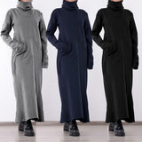 POSHOOT Winter Dress Women Turtleneck Vintage Sweater Dresses 2022  Solid Casual Loose Pocket Long Maxi Vestido Robe