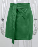 POSHOOT Beyouare Faux Leather Crocodile Pattern A-Line Skirt Women Fashion Elegant Solid Green High Waist Split Mini Skirts 2022 Autumn