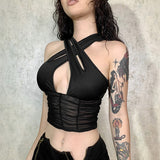 Poshoot  Fashion Black  Crop Top Women Mesh Ruched Skiny Tank Tops Club Party Vest Cut Out Criss-Cross Transparent Gothic