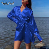 POSHOOT Green Long Sleeve Mini Satin Dress Nothed Lace Up Bandage Wrap Summer Dress High Waist Casual Shirt Dresses Women Blue