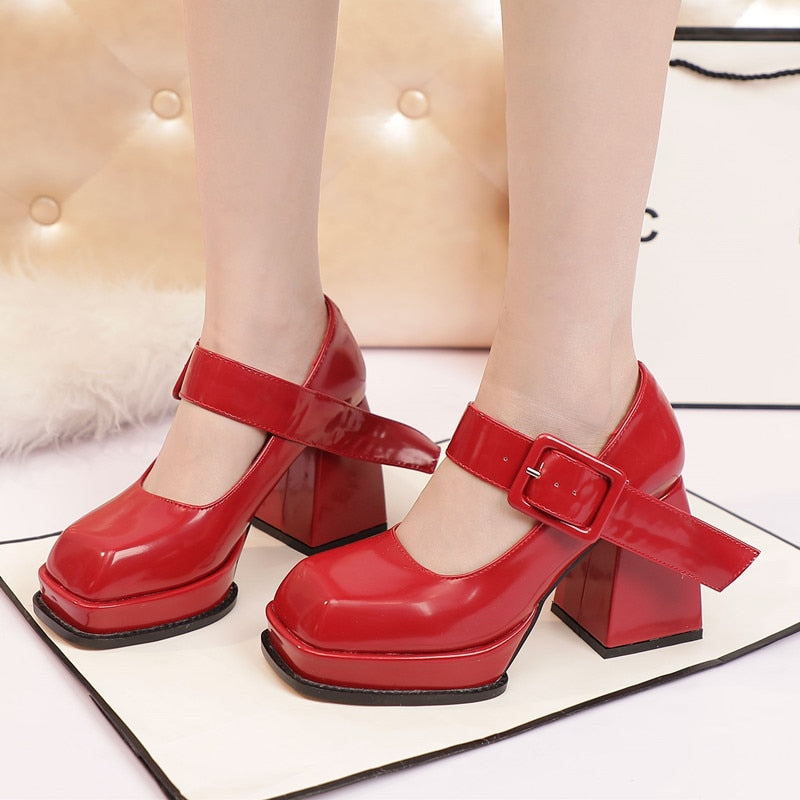 POSHOOT Women Pumps Square Toe Chunky Heel Button Fashion New High Heels Petant Leather Red White Black Mary Jane Platform