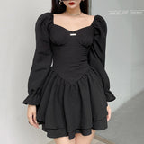 Poshoot  Fashion Elegant Puff Sleeve Black Dress Women Corset Autumn Pleated  Party Dress Mini Double Layer Ruched Clothes