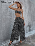 POSHOOT Geometric Print Black Pants Suits Women Metal Chain Cropped Top And Wide Leg Pants Sexy Suits Hollow Out Trousers Sets