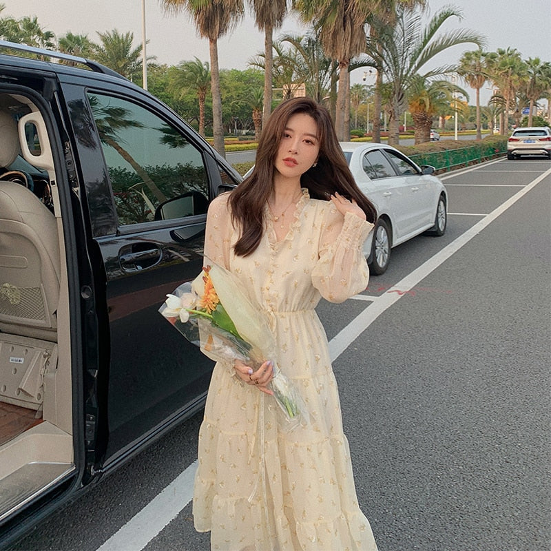 POSHOOT V-Neck Elegant Sweet Dress Women Long Sleeve Chiffon Floral Dress Party Beach Dress For Females Korean Style 2022 Summer Chic
