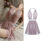 Poshoot Temptation White Sexy Mesh Hanging Neck Fairy Backless Tulle Perspective Nightdress Beautiful Back Lace Gauze Sleeping Dress