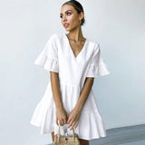 POSHOOT Short Sleeve Dress Batwing A-Line Patchwork 2022 Fashion Women Summer Loose Cotton Solid V-Neck Occidental Style