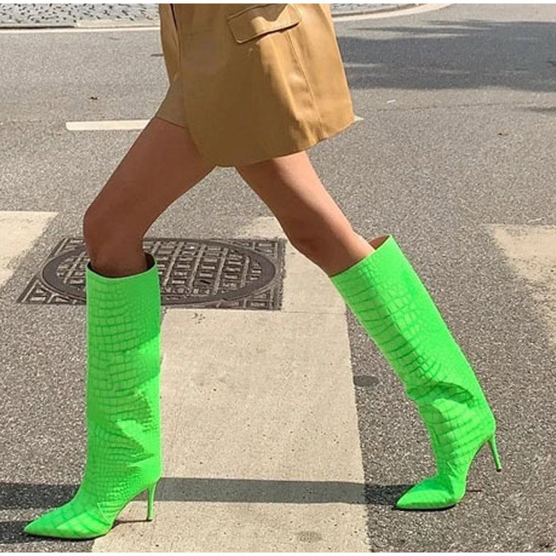 POSHOOT Women's Boots Spring Knee High New Pointed Toe Ladies Long Ultra-High Heel Boots Fluorescent Green Stone Banquet High Boots 2022