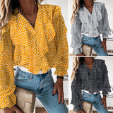 POSHOOT Women's Elegant Shirt Celmia Sexy V Neck Long Sleeve Casual Ruffles Shirt Button Solid Street Blusas  OL Party Tops