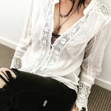 Blouse White Cotton Lace Floral Embroidery Women's Shirt Loose  Style V-Neck Long Sleeve Tunic  Tops