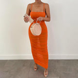POSHOOT Mesh Ruched Sexy Bodycon Dress Spaghetti Strap Transparent Midi Club Dress Black Orange Party Dresses Women