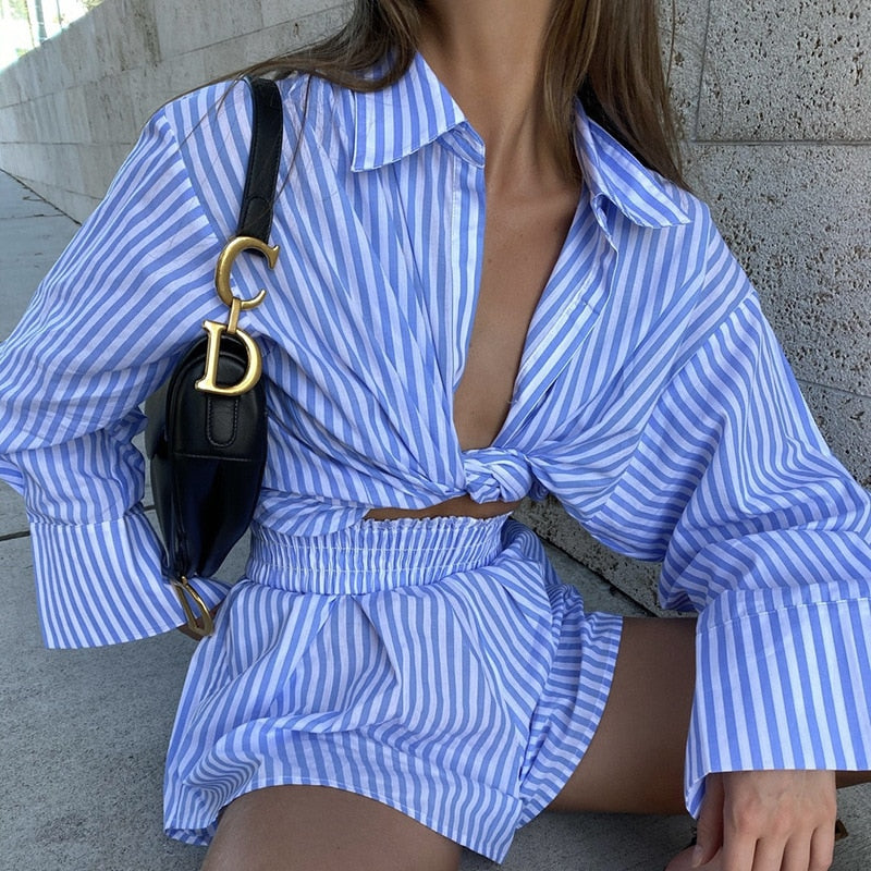 Poshoot  Fashion Casual Striped Blouse Shirts and Shorts Matching Set Loose Shirt Sleeve Top Outfits Summer 2022 Women Set