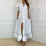 Poshoot  3 Colors Maxi Dress  Women Summer Flare Sleeve Long Dresses Loose Lapel Collar Ruffled Hem Vestidos  Split Hem Robe