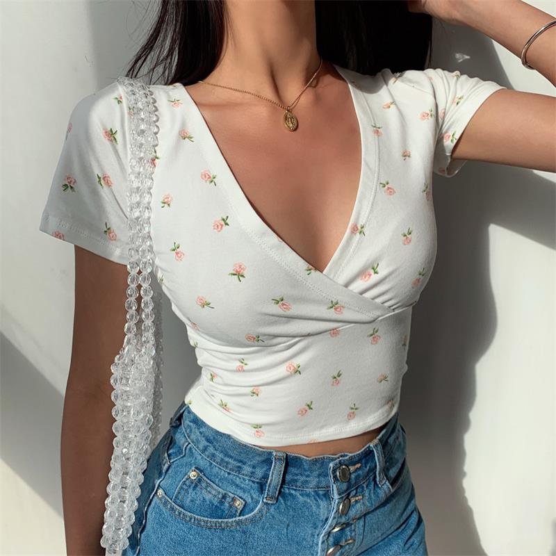 POSHOOT Y2K Vintage Floral Cross Crop Top T-Shirt Women Cropped Slim Short Sleeve V-Neck Sexy Summer Clothes Tee Shirt Femme Woman Tops