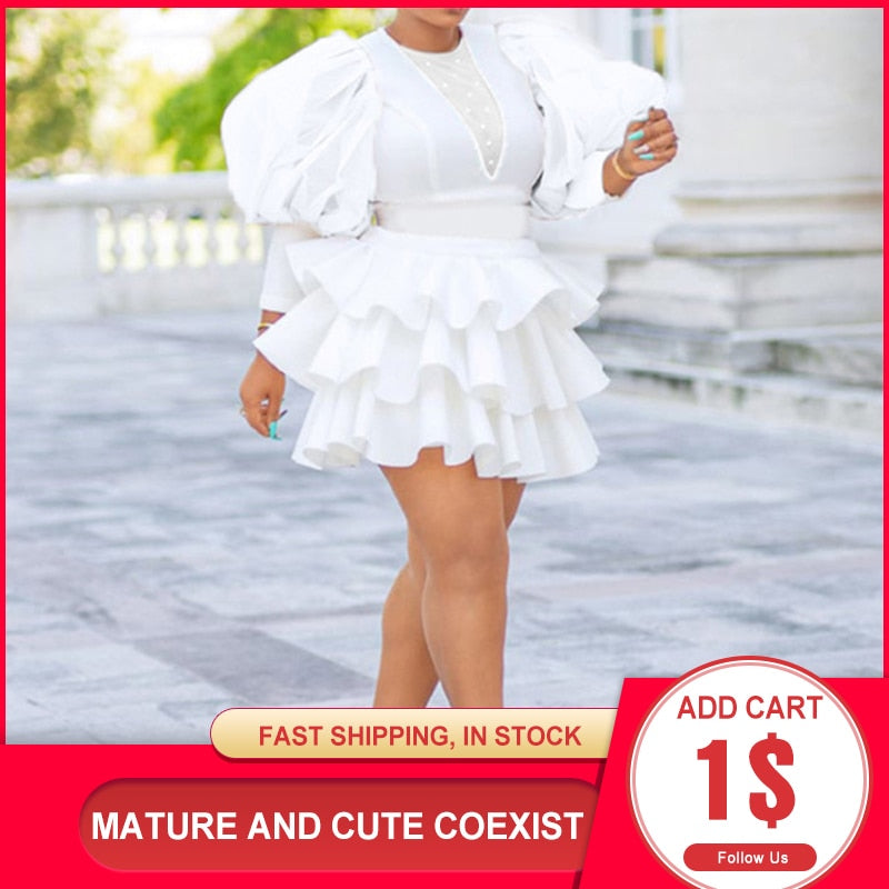 POSHOOT African Women White Dress Vintage Puff Sleeve Cute Ruffle Tiered Layered Summer Spring Ladies Sexy Mesh Party Club Mini Dresses