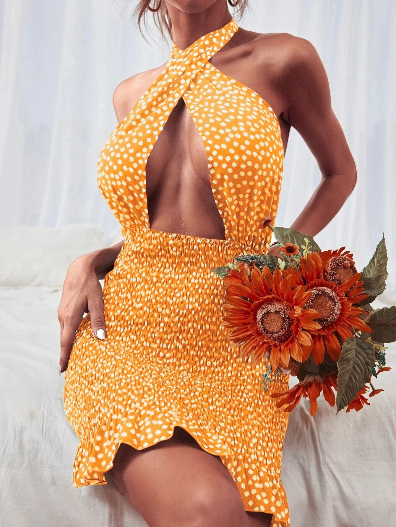 Poshoot  Backless Tie Up Short Wrap Bodycon Sundress Women  Cross Halter Mini Sheath Dress Party Ladies Cutout Front Dress