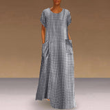 Poshoot  2023 Women Dress Vintage Bohemian Maxi Long Dress Loose Sundress Plaid Printed Sundress  Casual Robe Femme  Vestido