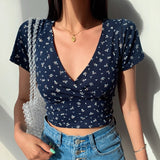 POSHOOT Y2K Vintage Floral Cross Crop Top T-Shirt Women Cropped Slim Short Sleeve V-Neck Sexy Summer Clothes Tee Shirt Femme Woman Tops