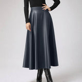 POSHOOT 2022 Autumn PU Leather Midi Skirts Women Elegant OL High Waist Party Skirt Fashion Office Lady Solid Jupe Street Faldas