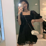 POSHOOT Puff Sleeve Casual Black Dress Women Square Collar Elegant Dress Evening Party Gothic Dress For Females Korean Style 2022 Summer