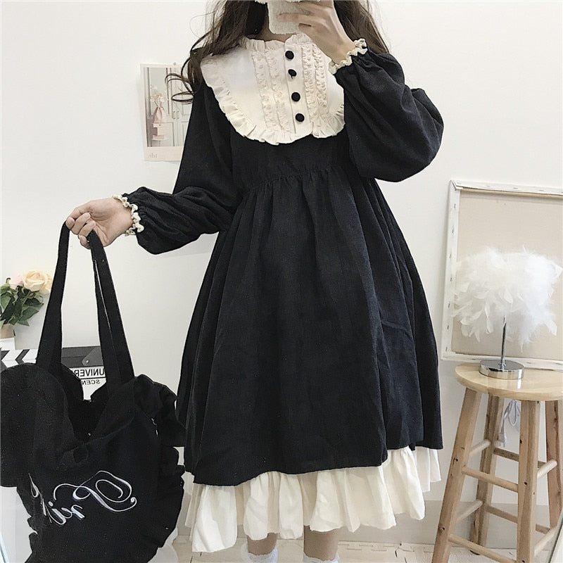 POSHOOT Japanese Vintage Harajuku Gothic Lolita Style Women Streetwear Midi Dress 2022 Autumn Stand Lantern Sleeve Loose Dresses Vestido