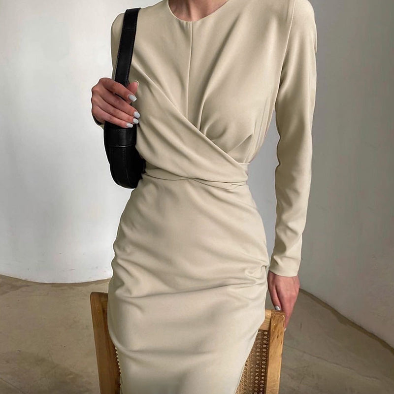 Poshoot   Elegant Women's Dress Round Neck Long Sleeve Draped Knee-Length Straight Dresses 2022 Autumn Solid Casual Office Lady