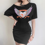 Poshoot  Harajuku Goth Halter Print Summer Dress Women 2023 Bodycon Cut Out  Dress Mini Gothic Clothes Pins Shirt Dresses