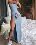 Poshoot   High Slit Maxi Sundress Women Summer One Shoulder Straps Bodycon Dresses Party Vacation Causal Skinny Long Dress