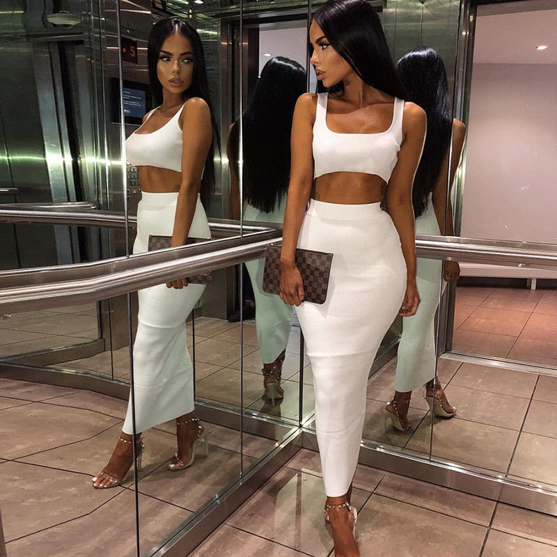 Poshoot   women summer clothes soild color casual crop tank tops long pencil skirt fitness skinny outfit suit two piece 2pc sets