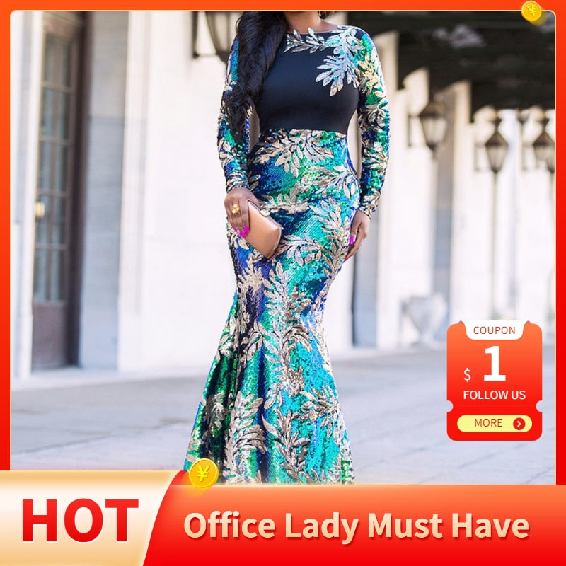 POSHOOT Vintage Green Long Sleeve Mermaid Sequin Dress 2022 Bodycon Sparkly Elegant Shiny Party Evening African Long Dresses For Women