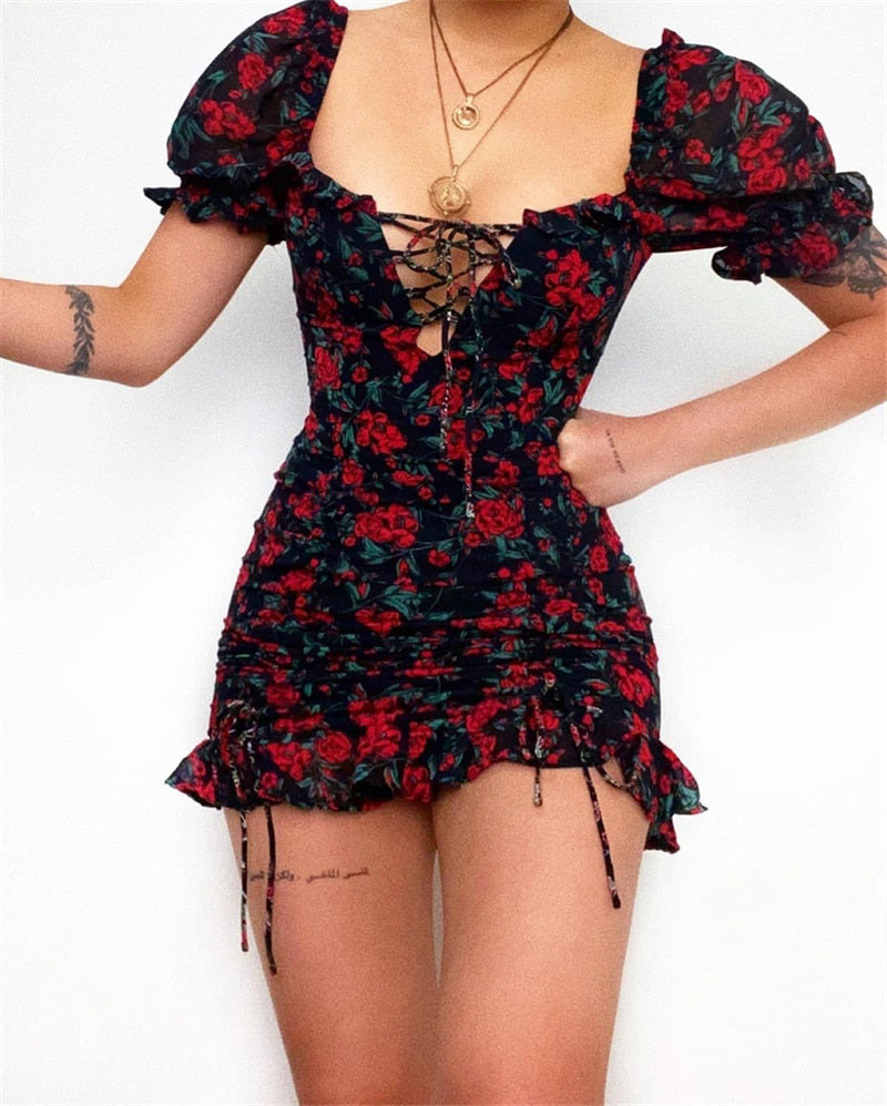 Poshoot   New 2022 Vintage Floral Puff Sleeve Short Ruffles Dress Summer Women Ladies Lace-up Front Square Collar Ruched Dress