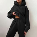 Poshoot Women's Tracksuit Casual Solid Long Sleeve Hooded Sport Suits Autumn Warm Hoodie Sweatshirts And Long Pant Fleece Two Piece Sets