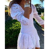 Long Sleeve Autumn White Dress Women Cotton Smocked Bodice  Party Dress Eyelet Embroidery Mini Dress For Women