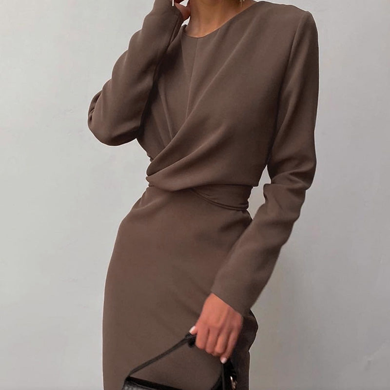 Poshoot   Elegant Women's Dress Round Neck Long Sleeve Draped Knee-Length Straight Dresses 2022 Autumn Solid Casual Office Lady