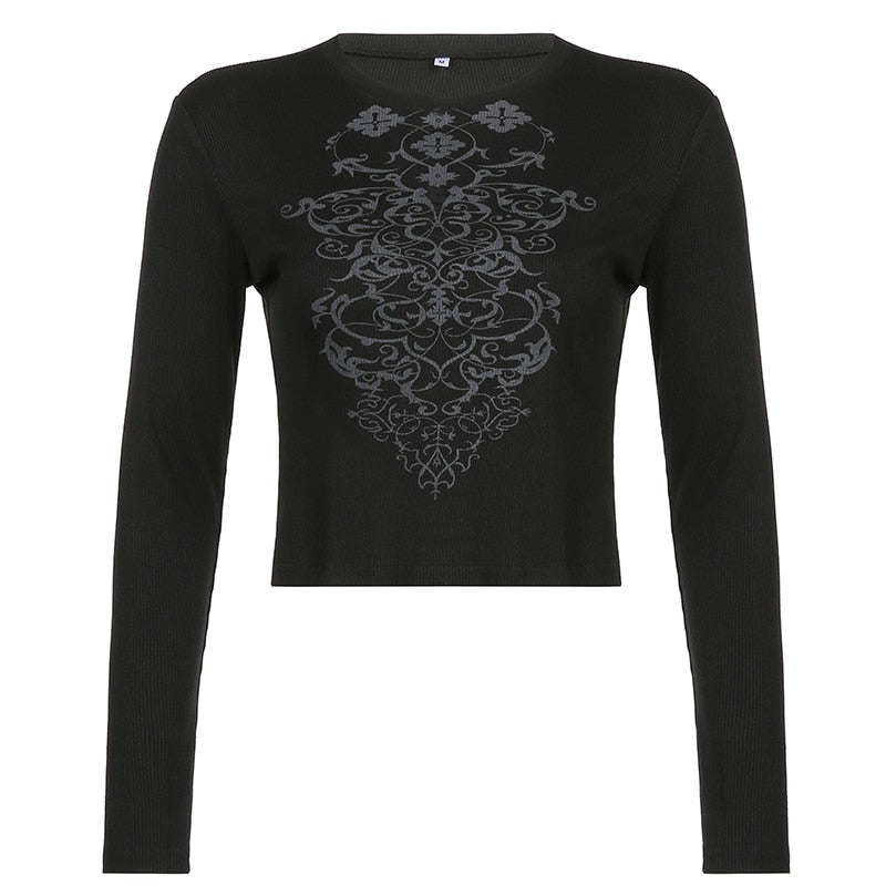Poshoot  Grunge Fairycore Crop Tshirts Graphic Print Long Sleeves Slim Tops Tee Casual Crewneck Fashion Harajuku Cloth