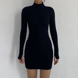 Poshoot   Autumn Fashion  Solid Turtleneck Skinny Mini Dress Women Rib Knit Keep Warm Long Sleeve Slim Dress Streetwear